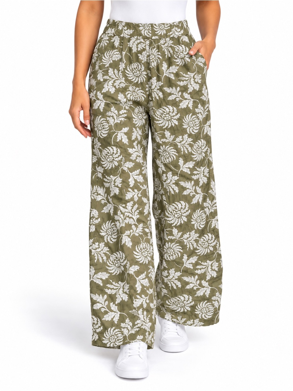 Primark Women’s Olive Floral Wide Leg Pants Size Large